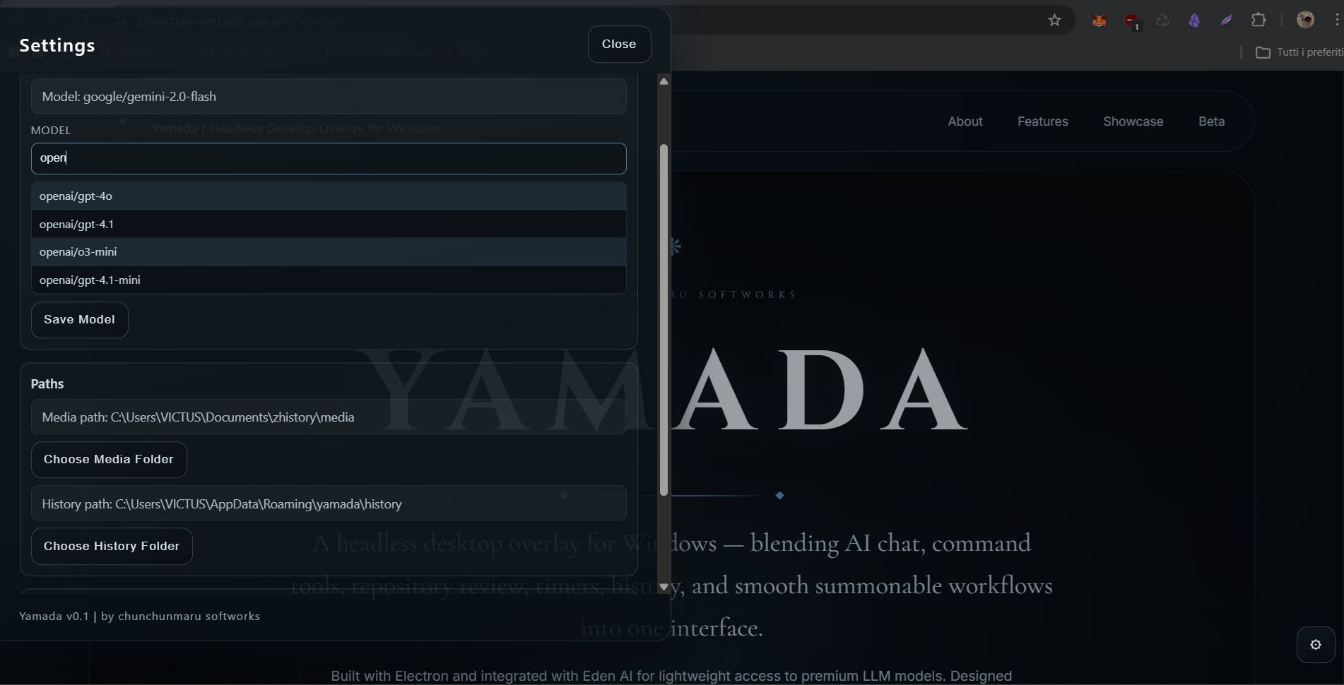 Yamada settings drawer with model selection